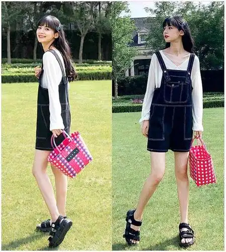 适合155cm小个子女生穿的牛仔背带裤,搭配一件t恤,减龄又显高