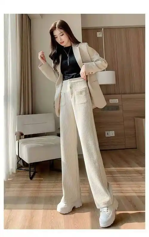 阔腿裤女秋冬款米色雪尼尔阔腿裤女年高腰显瘦加厚灯芯绒裤子女休闲