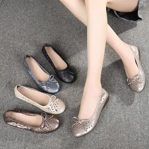 中年女鞋妈妈鞋平底夏天真皮平底舒适透气防滑中老年休闲女士皮鞋