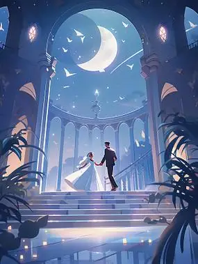 情侣夜晚月色下跳舞唯美浪漫情人节爱情双人手绘插画氛围感场景海报