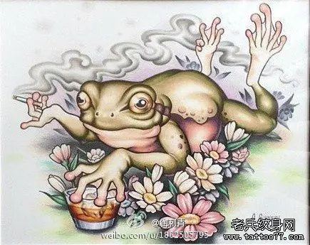 一幅抽烟喝酒的青蛙纹身手稿