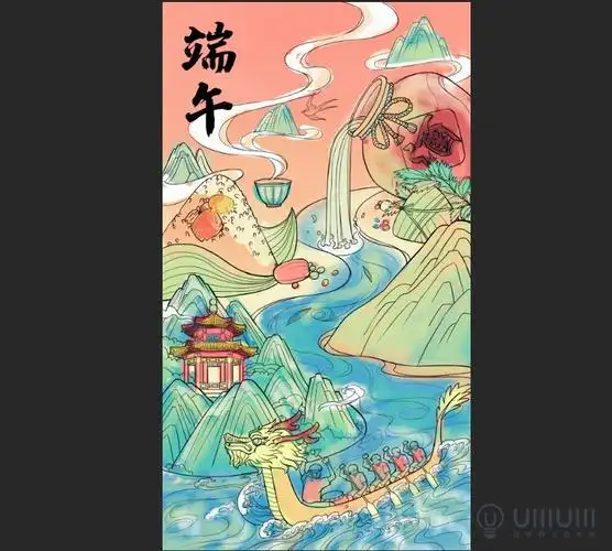 手绘教程端午节主题国风插画海报绘制过程