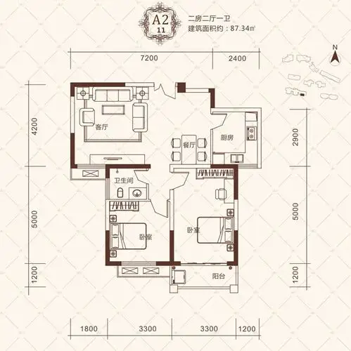 克拉美丽山庄户型图 9号栋 a2 l1户型 87.34㎡