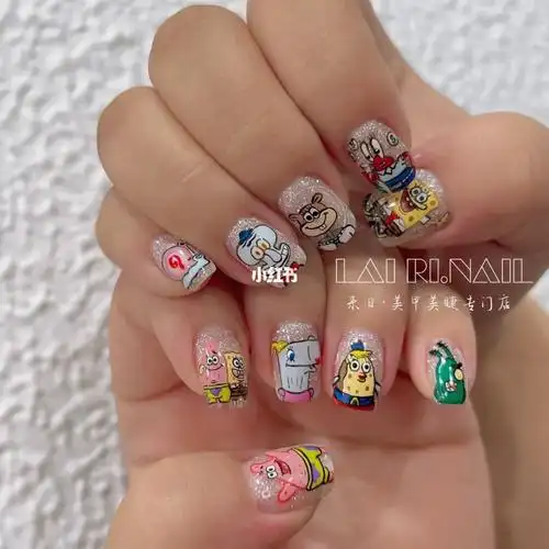 來日|十指手绘07海绵宝宝主题美甲