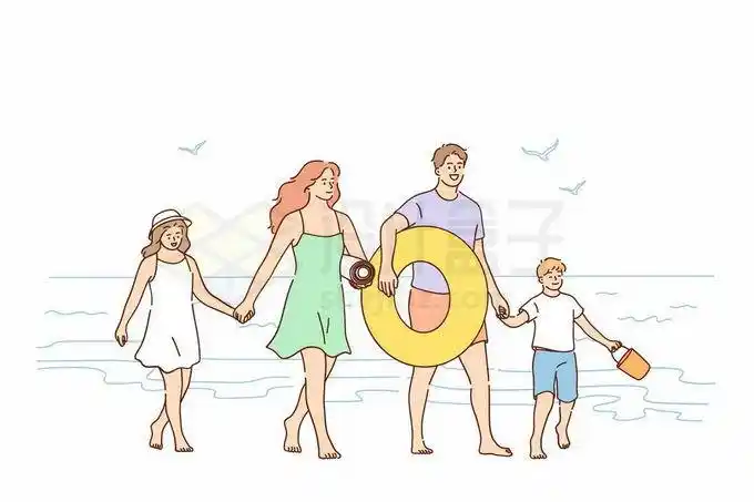 一家四口手牵手在海边游玩手绘线条插画9135116矢量图片免抠素材免费