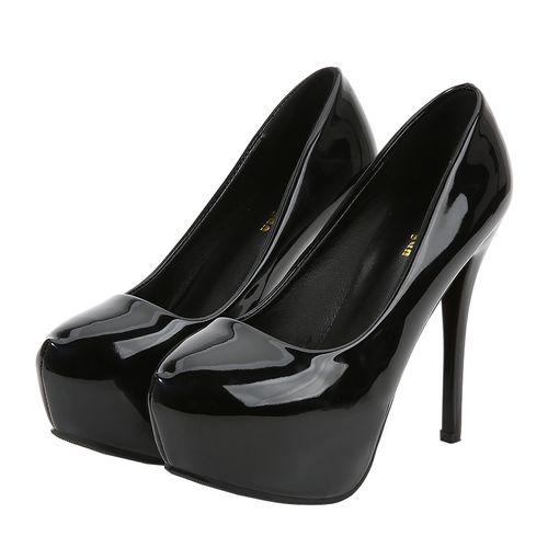 2020年新款圆头黑色高跟鞋女细跟10cm12cm防水台性感漆皮职业单鞋