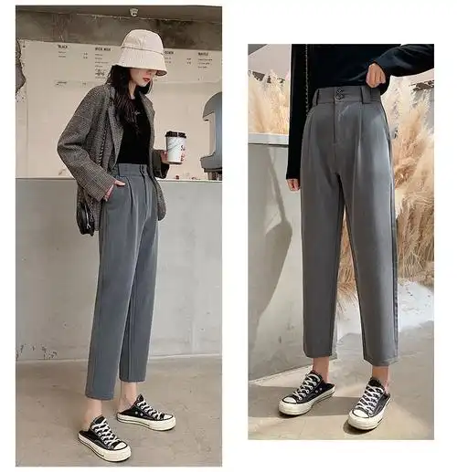 灰西装裤女裤春秋2020新款高腰阔腿宽松显瘦萝卜百搭哈伦裤子h467