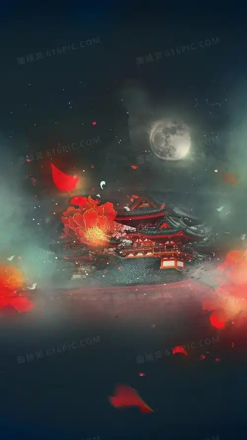 宫廷古风花瓣飞舞夜空下h5背景