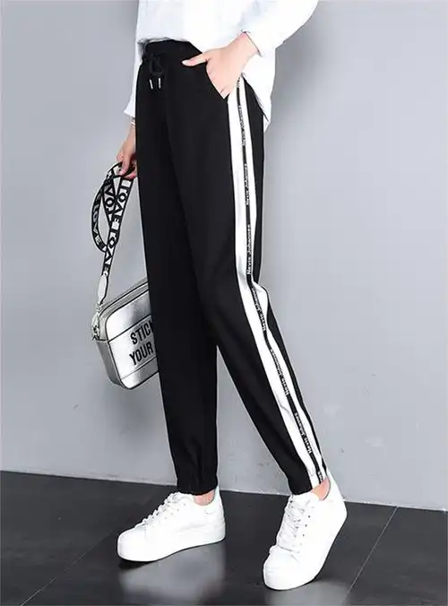 陌橡moshine秋新款韩版宽松条纹运动裤女百搭显瘦ulzzang哈伦休闲裤