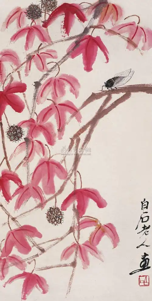 0261红叶知了图立轴纸本设色