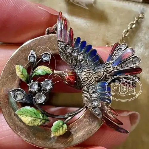 西洋古董珠宝欧洲回流饰品珐琅钻石小鸟项链颈饰