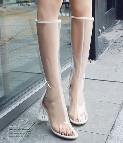 春秋新款粗跟透明后拉链长靴女韩版中跟水晶靴时尚网红小皮靴显瘦