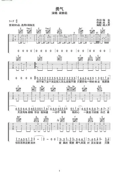 勇气 无限延音编配 梁静茹 吉他谱 和弦谱