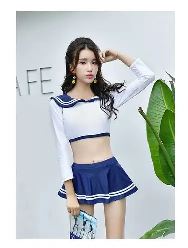 新款韩国版海军风裙式分体游泳衣女士泳装长袖冲浪潜水服水手服