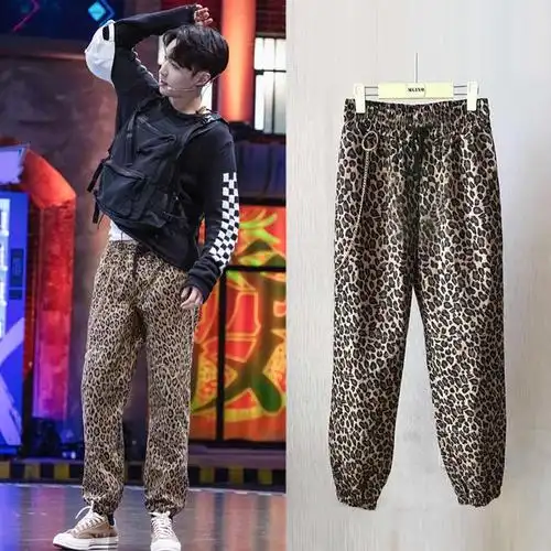 张艺兴同款豹纹裤子阔腿裤休闲运动宽松长裤