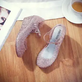 女式塑料水晶坡跟凉鞋女士白色护士夏季防水沙滩鞋舞蹈鞋 闪粉红色