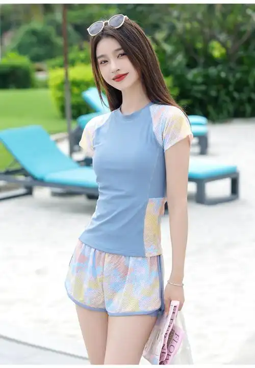 羽克(yuke)泳衣女泡温泉遮肚显瘦新款泳装时尚保守大码短袖分体游泳衣