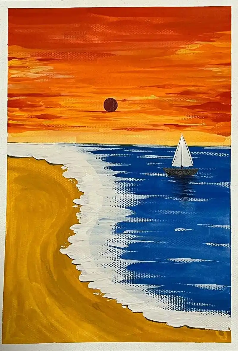 海上落日图-儿童水粉步骤 落日将天空染成了彩色,看着海浪98发会儿