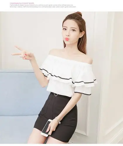 实拍韩版学生甜美一字肩荷叶边衬衫女春夏百搭宽松上衣 一字领