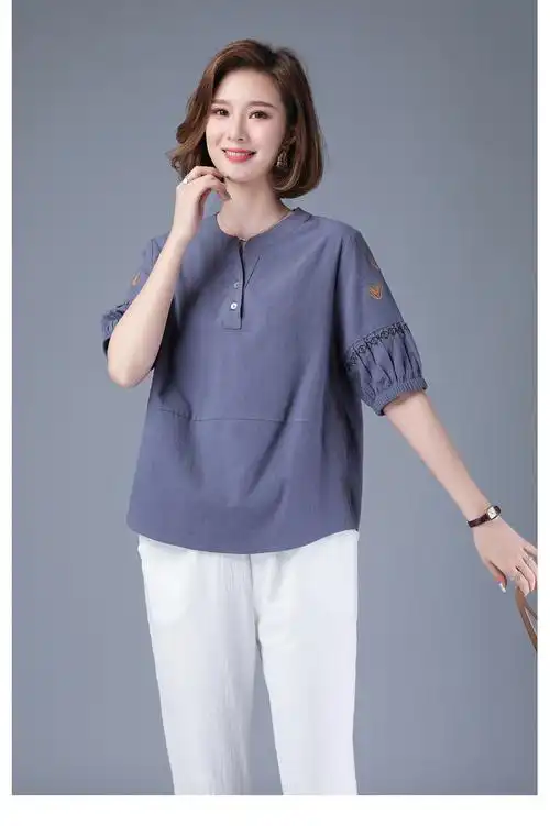 浅恋妈妈装夏装大码纯棉t恤中年女装短袖上衣中老年夏天棉的衣服两件