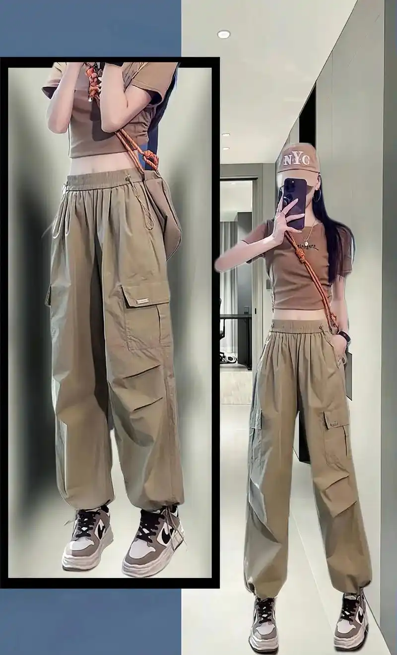 这款美式冰丝速干工装裤女夏季薄款小个子显瘦运动裤加长版