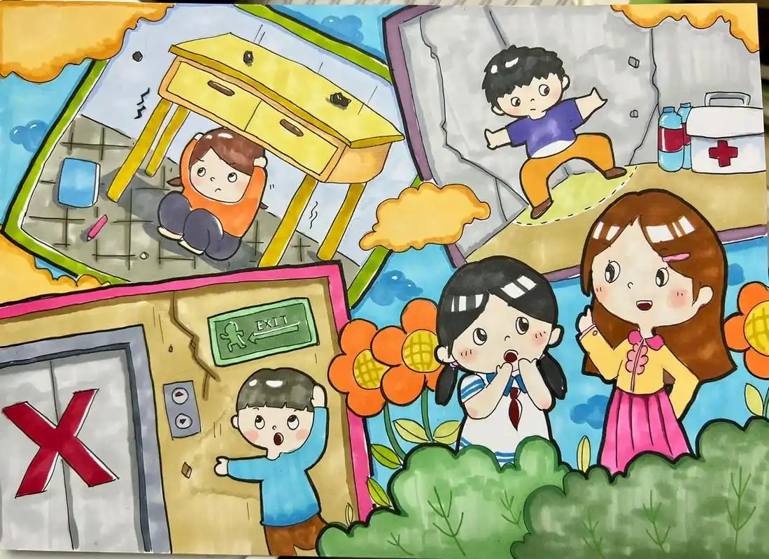 应该在女孩旁边写防震减灾 主题更突出一点 适合小学低年级绘画 参赛
