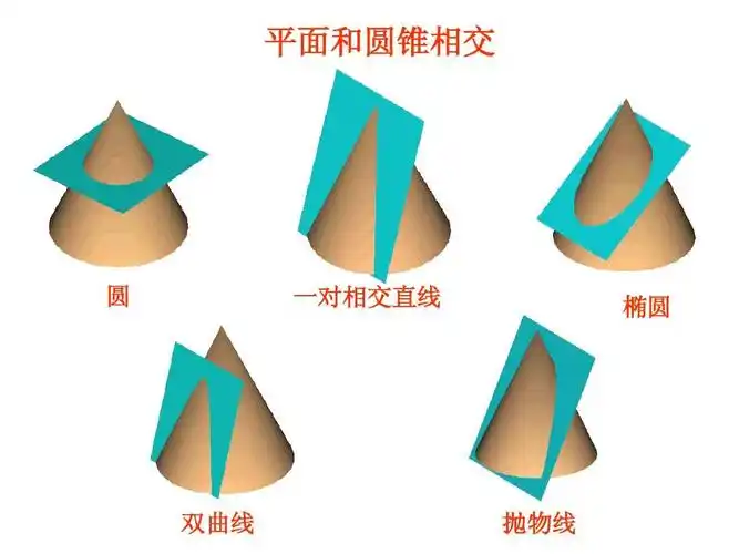 平面和圆锥相交 圆 一对相交直线 椭圆 双曲线 抛物线