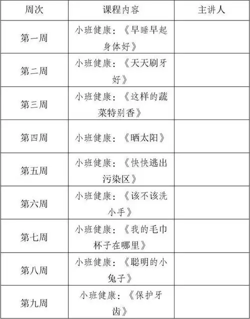 幼儿园小班健康教育课程表