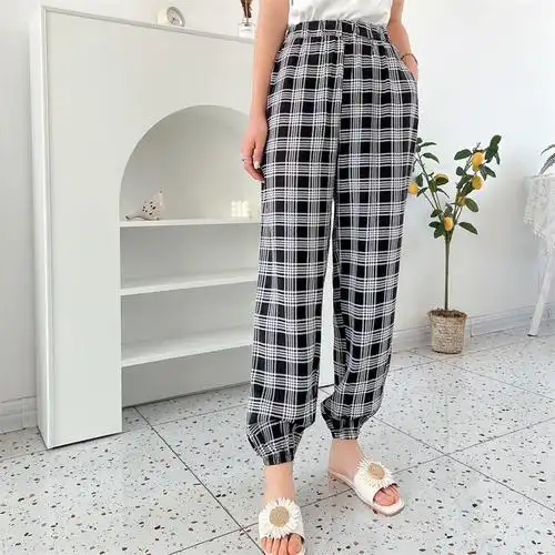 夏款女生防蚊裤大码宽松女式人造棉裤子薄款九分裤灯笼裤家居裤空调