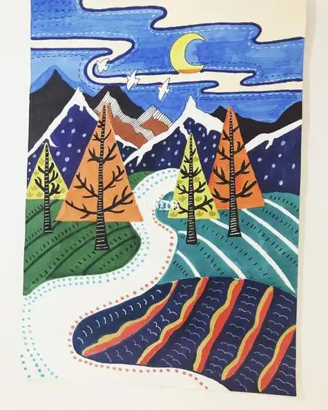 颜料画简单图画风景画颜料画初学者风景