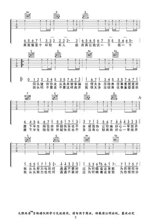 王力宏卢巧音好心分手吉他谱c调原版六线谱
