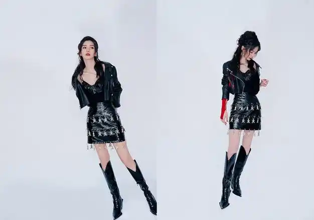 杨颖素颜还是很有少女感身穿黑色棉服配长筒靴时髦还个性