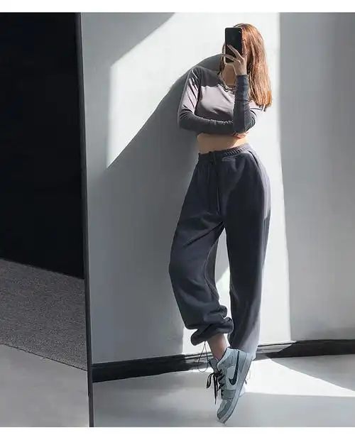 加绒运动裤女秋冬加厚灰色抽绳束脚裤高腰休闲卫裤抖音网红同款年货节