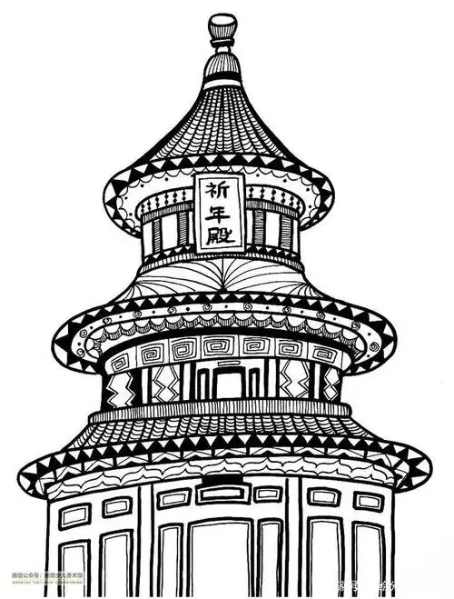 儿童画教程|中国传统建筑艺术——创意线描画祈年殿!