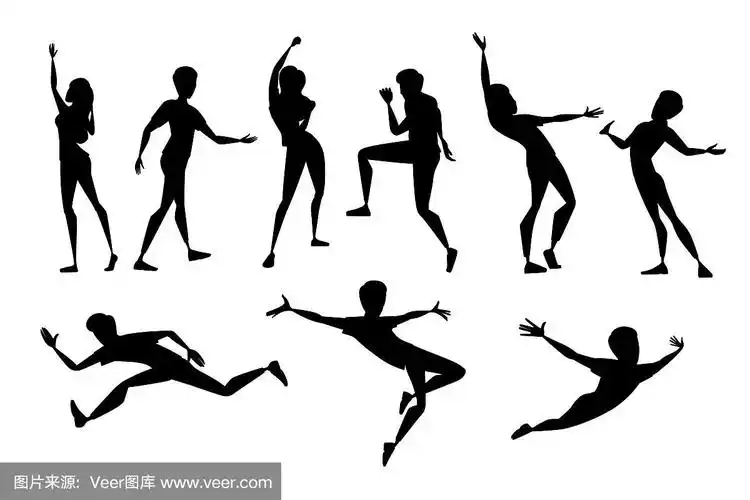 黑色剪影的人在不同姿势穿着休闲服装卡通人物设计平面矢量插图孤立在