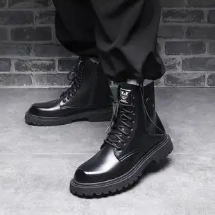 高帮马丁靴男春秋款真皮中帮皮靴潮英伦风秋冬新款黑色户外工装靴
