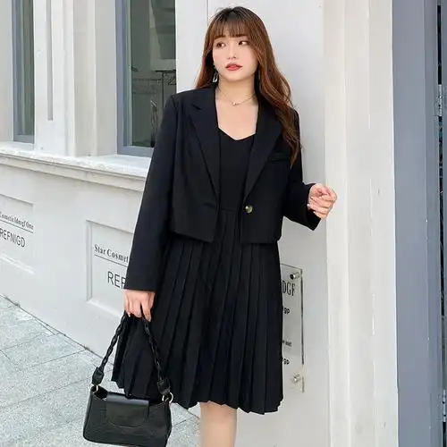 大码女装秋冬休闲套装西服外套可搭配时尚吊带褶皱吊带连衣裙2558