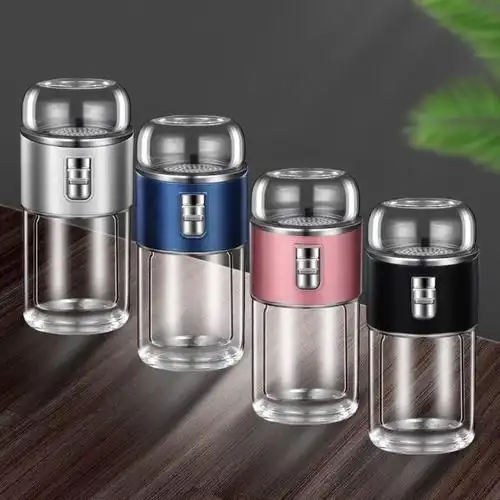 大容量400ml玻璃黑色水杯茶水分离杯高档玻璃杯旅行茶具便携泡茶杯