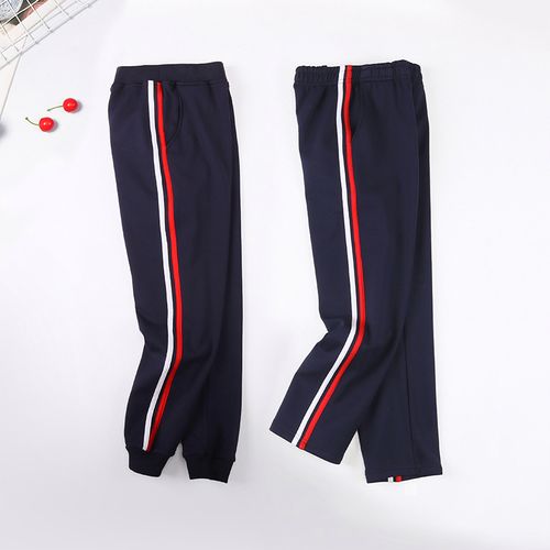 学生校服裤两条杠男童直筒一体绒长裤藏青色红白杠条加绒运动裤—裤子