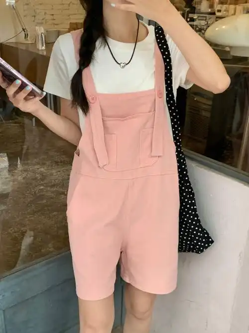 实拍实价~粉色牛仔背带裤女夏季减龄小个子显瘦短裤子 - 17网