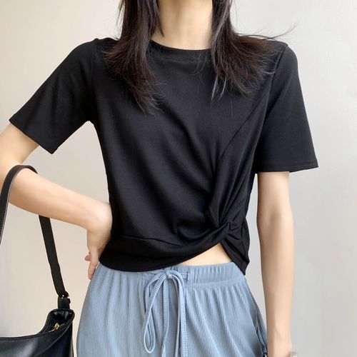 白色打结上衣心机小心露脐黑色短款高腰短袖t恤