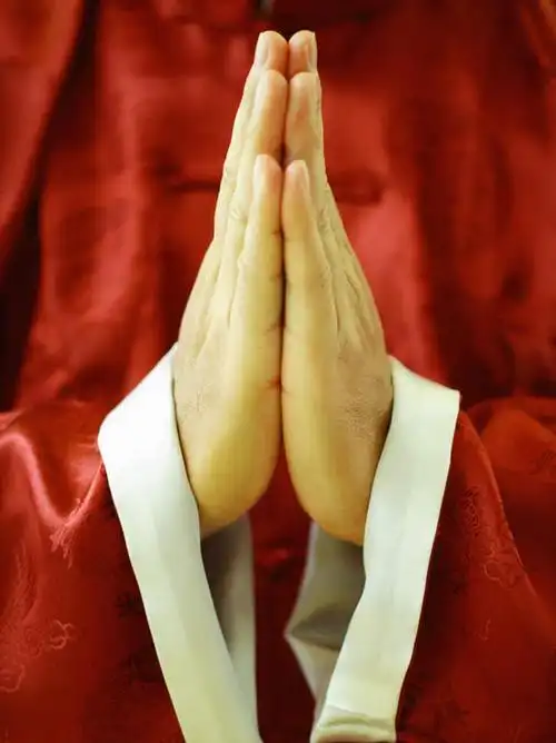 仅一个人,仅一个中年男性,祝福,黄种人,虔诚,红色,祈祷,双手合十,手部