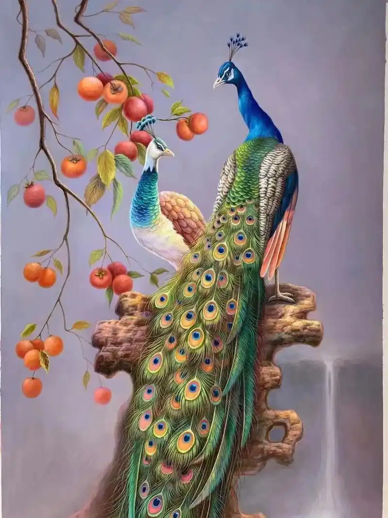 纯手绘油画高品质孔雀寓意吉祥如意只落富贵人家