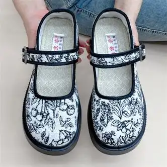 京睿夏季新款老北京布鞋一脚蹬玛丽珍女单鞋新中式厚底5厘米透气轻便