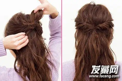 step  :卷发梳理,然后取一半头发扎成马尾,然后翻转.