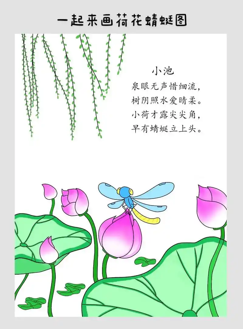 一起来画荷花蜻蜓图.泉眼无声惜细流,树阴照水爱晴柔.小荷才露 - 抖音