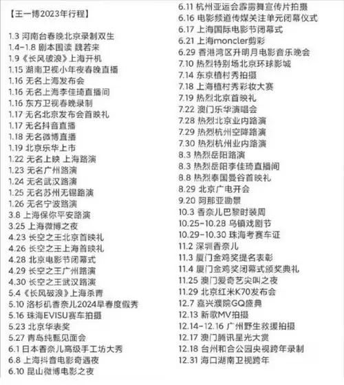 这是王一博2023公开的行程,未公开的拉片学习,各种拍摄都不在里面.