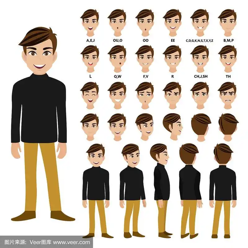 卡通人物与男性在长袖高领t恤动画.正面,侧面,背面,3-4视图字符.