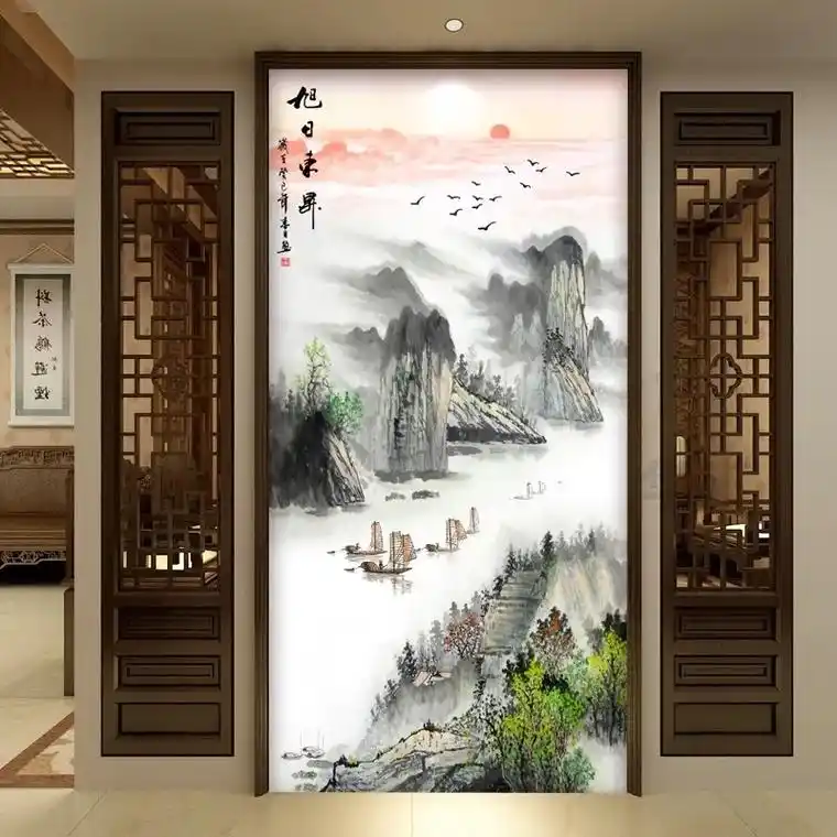 5d新中式山水油画竖版3d客厅玄关背景墙纸壁布壁画8d墙布玄 - 抖音