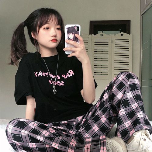 [7091] 官网#慵懒风宽松短袖t恤 复古格纹休闲阔腿裤